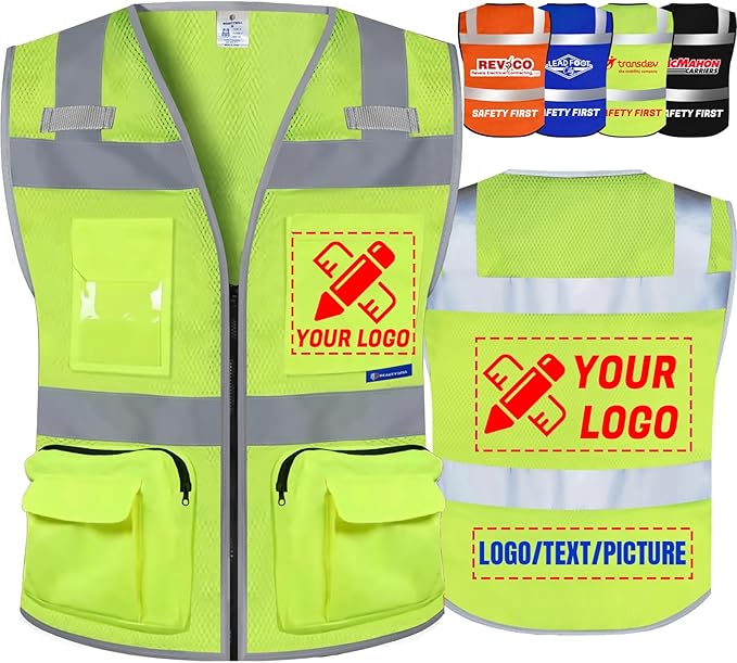 BeautyWill Custom Logo Safety Vest Mesh High Visibility Reflective Vest Customized Logo Utility Zipped Pockets Construction Workwear （Yellow,L）