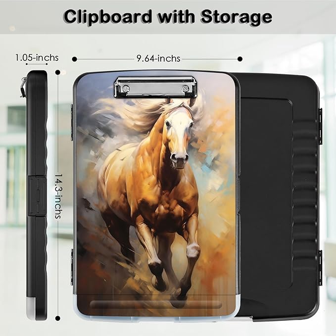 Clipboard with Storage,Office Supplies Nursing Clipboards Folder with Pen Holder Plastic Storage ClipBoard Foldable for Teacher Nurse,Galloping Horse