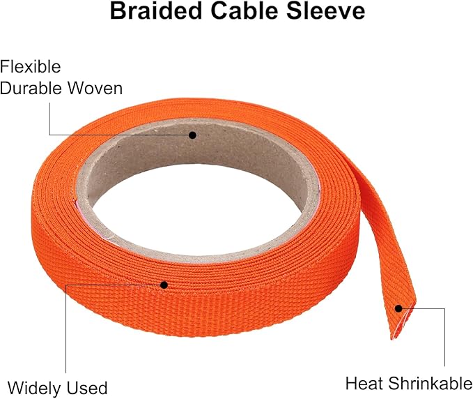 MECCANIXITY Braided Cable Sleeves Heat Shrinkable Fabric Sleeving, 5/16" 10ft Orange 2:1 Ratio Heat Shrinkable Cord Protector for Harness Cable, Network Cable Protection, Cable Management