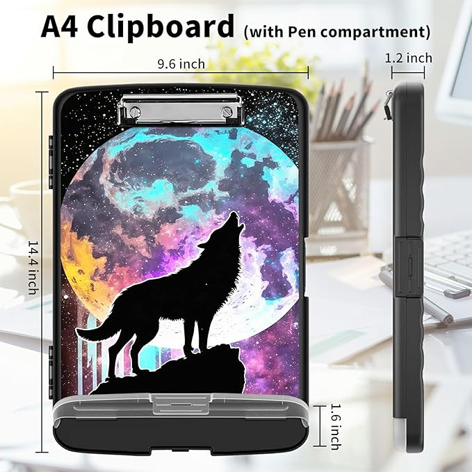 Clipboard with Storage High Capacity Plastic Nursing Clipboards with Pen Holder File Folder Storage Box Clipboard with Heavy Duty Clips for Teacher,Doctor,Offices-Galaxy Wolf