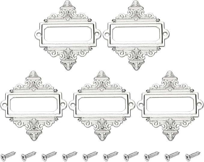 uxcell 5 Pcs Metal Label Holder, 2.2 x 2.4 Inch Small Vintage Card Frame Tag Floral Lace Label Holder with Screws for File Boxes Drawers Door Cabinet Book Shelves, White Nickel