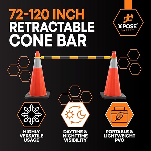 Retractable Barrier for Safety Traffic Cones - 2" OD - Large Yellow and Black Bar Barricade - for Road Construction, Parking, Warning, Temporary Security Divider (20, Yellow & Black, 72" x 120")