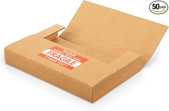 50 Pack 9x6x1.3 inch Corrugated Cardboard Boxes, Multi-Depth CD DVD Shipping Boxes with Fragile Stickers for Mailing, Storing, Packaging, Brown