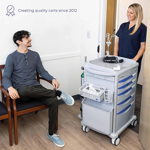 Stand Steady Emergency Crash Cart | Mobile Medical Cart with Drawers & Customizable Storage Bins | Medical Supply Cart with IV Pole, Cardiac Board, O2 Holder & UL-Safety Power Strip | Easy Assembly