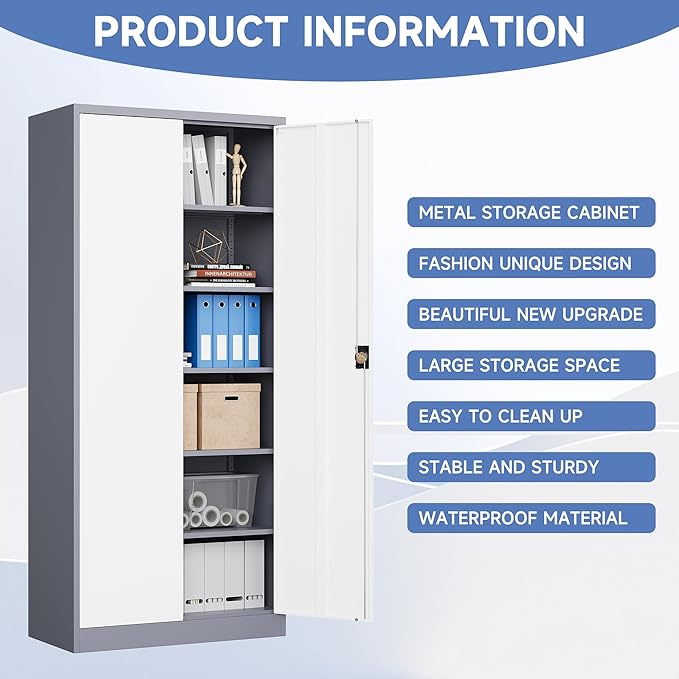 Metal Cabinet,Locking Storage Cabinet with 2 Doors and 5 Adjustbale Shelves,72" Tall Tool Steel Cabinets for Garage,Home Office,School,Gym(Grey & White)