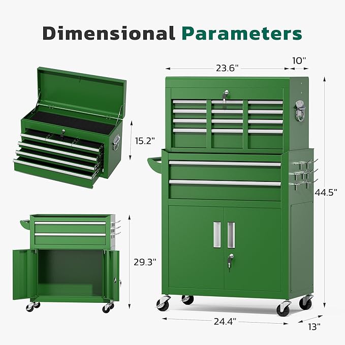 Greenvelly 8-Drawer Rolling Tool Chest, Metal Tool Chest with Wheels, Tool Cabinet with Detachable Top Tool Box, Metal Tool Cart with Liner & Hooks for Garage, Workshop, Warehouse (Green)