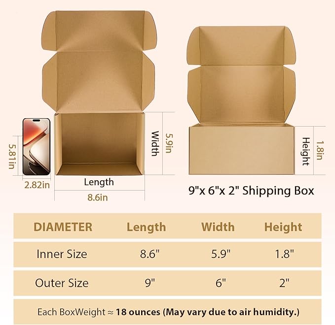 9x6x2 inches Shipping Boxes Set of 25, Small Corrugated Cardboard Box, Literature Mailer, Gift Boxes (Brown, 9x6x2)