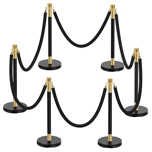 6pcs Sturdy Stanchion Posts, 6pcs High Quality Black Velvet Ropes, Water/Sand/Concrete Fillable Leakproof Base, Crowd Control Barriers for Birthday, Prom, Business, Wedding, Red Carpet