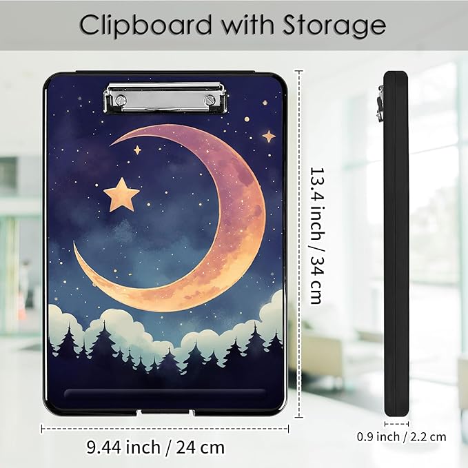 Clipboard with Storage,Office Supplies Nursing Clipboards Folder with Pen Holder Plastic Foldable Clip Board with Storage for Nurse Teacher,Moon Forest
