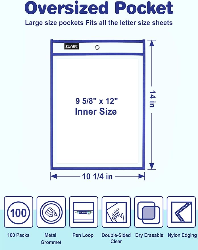 SUNEE 100 Packs Oversized Reusable Dry Erase Pocket Sleeves with 5 Rings, 10 Assorted Colors 10x14 Ticket Holders, Clear Plastic Sheet Protectors, Teacher School Classroom Supplies