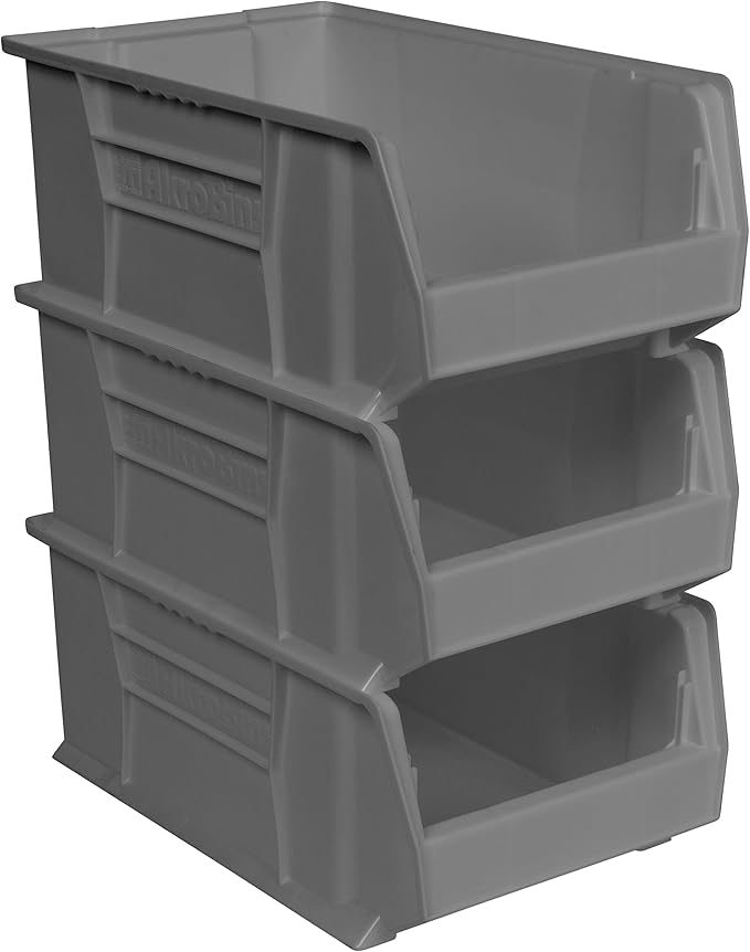 Akro-Mils 30281 Super-Size AkroBins Plastic Storage Bins, Space-Saving Stackable Bins for Garage, Classroom, Warehouse Organization, 20-Inch L x 12-Inch W x 8-Inch H, Grey, 3-Pack
