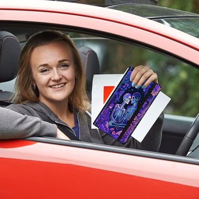 Car Registration and Insurance Holder, Leather Car Glove Box Organizer, Cool Car Accessories for ID, Driver's License Cards & Essential Document,business cards,Men&WomenBlacklight Skeleton Flower