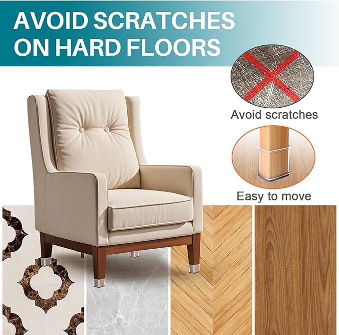 Ansible 24 Pcs Chair Leg Floor Protectors Square, Silicone Felt Furniture Leg Pads Caps Covers for Hardwood Floors (Fit:3/4" to 1")