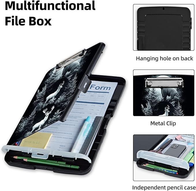 Clipboard with Storage Box & Pen Holder,Heavy Duty Clip Boards 8.5x11 for Nursing,High Capacity,School & Office Supplies,Moon Bear Deer Forest
