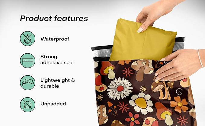 10x13 Poly Mailers – Cottagecore Mushrooms – Waterproof, Tear-Resistant Shipping Bags with Adhesive Seal – 100 Pack – Package Mint