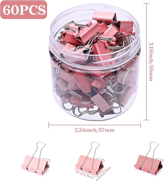 Temiary Aesthetic Binder Clips, 60 Pcs 0.6 Inches Small Metal Binder Clip with Clear Storage Container, Binding Paperwork Clamps for School Teachers Office Supplies (Pink)