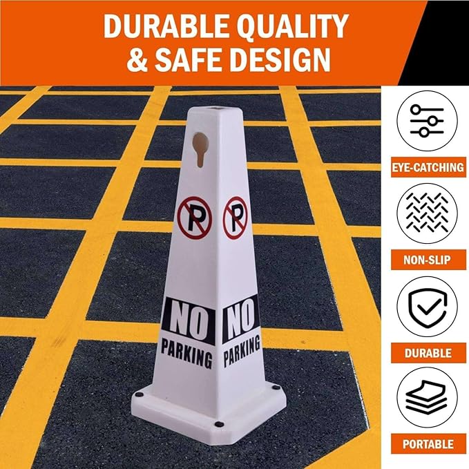 No Parking Sign, 26.4-Inch Traffic Safety Cone, White Plastic, High-Visibility, Weatherproof, Slip-Resistant Base, Stackable, Indoor Outdoor Use-8Pack