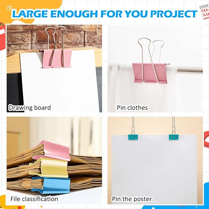 24 Pack 4 Color 3 Inch Jumbo Binder Clips, Extra Large Binder Clips Heavy Duty Paper Clamps for Office and Home Supplies