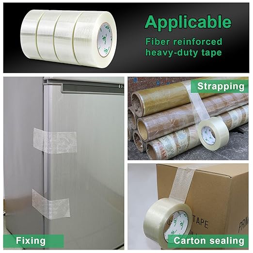 BOMEI PACK Filament Strapping Tape, 5.5 Mil 2 Inch x 60 Yards, Heavy Duty Reinforced Fiberglass Packing Tape, 2 Pack