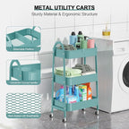 EAGMAK 3 Tier Utility Rolling Cart, Metal Storage Cart with Handle and Lockable Wheels, Multifunctional Storage Organizer Trolley with Mesh Baskets for Kitchen, Living Room, Office, Garage (Green)
