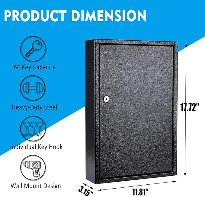 UMEKEN Metal Key Cabinet - 64 Position Wall Mount Car Key Lock Box with Key Tags - Vehicle Key Organizer Storage Locker, Black, 11.81" x 3.15" x 17.72"