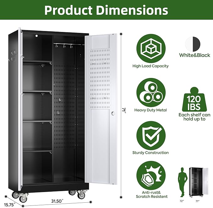 Broom Closet Storage Cabinet with Wheels and Pegboard, Metal Garage Storage Cabinet with Magnetic Doors,Adjustable Shelves for Garage Home Office,Required Assembly,Black and White,71"H×15.75"D×31.5"W