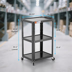3 Shelf Metal Utility Cart with Wheels & Power Strip - Steel Mobile AV Cart for Video Projector, TV, Laptop, Computers, Printers - Height Adjustable Media Carts for Office Classroom Warehouse