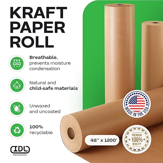 IDL Packaging 48" x 14400" (1200 feet) - USA-Made Large Brown Kraft Paper Roll - 30lb Thickness - Natural Kraft Wrapping Paper for Packing, Void Filling - Craft Material for Kids Art Projects