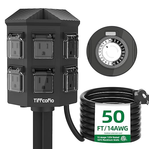 TiFFCOFiO Outdoor Power Strip Waterproof, 24 Hour Mechanical Timer, 50 ft Extension Cord, 6 Grounded Outlets for Outdoor Lights, ETL Listed (50 FT)