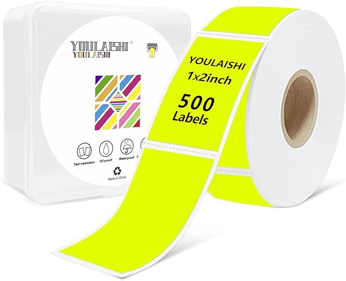 1x2 inch Label Stickers Roll for Thermal Printer 500PCS Colored Removable Freezer Labels Waterproof Blank Sticker Labels to Write on for Food Containers and Jars, Fluorescent Yellow