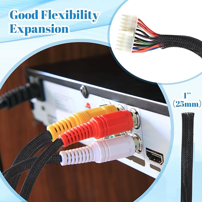 Pangda 150 Feet 1 Inch Wire Loom Pet Expandable Braided Sleeving Braided Sleeve for TV, Computer, Home Theater (Black)