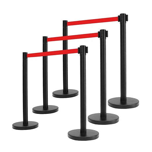 VIP Crowd Control Retractable Belt Stanchion Queue Safety Barrier Set,36" Ht, 78" Red Belt + Wall Bracket (6 Posts+WBracket)
