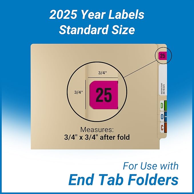 2025 Year Labels, Doctor Stuff 2025 Chart Stickers, Fluorescent Pink Color Coded, USA Made Year Stickers for End Tab File Folders, 500 Labels/Roll in a Dispenser Box, 3/4" x 1-1/2"