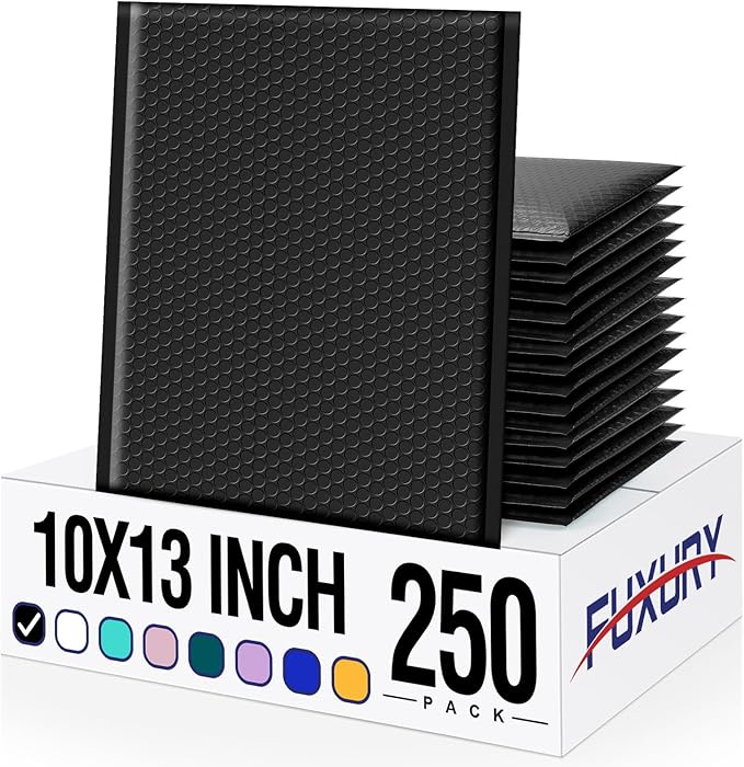 Fuxury Bubble Mailers 10x13 Inch Black 250 Pack Bulk Padded Envelopes Thick Mailing Envelopes Bubble Opaque Padded Mailers Shipping Bags for Mailing Book Makeup Small Business