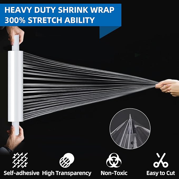 15in Stretch Wrap Roll with Handle, Heavy Duty 1200ft Shrink Wrap Roll, Clear 60 Gauge Industrial Strength Stretch Film with Extended Cardboard Handles, Plastic Wrap for Pallet Packing Moving(2 Rolls)