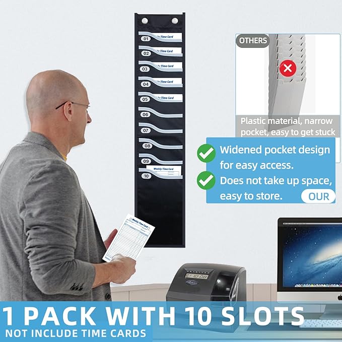 Oxford Time Card Rack 10 Slots Extra-Wide Wall-Mounted Organizer for Standard Time Cards, Prevents Jamming, Black Pocket Chart for Small Businesses, Offices, Retail