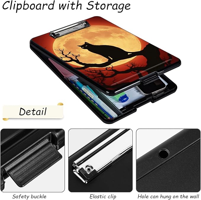 Clipboard with Storage, High Capacity Plastic Storage Clipboard with Low Profile Clip for Women Teachers Work, School & Office Supplies, Cute Pattern Decorative Clipboards, Moon Black cat