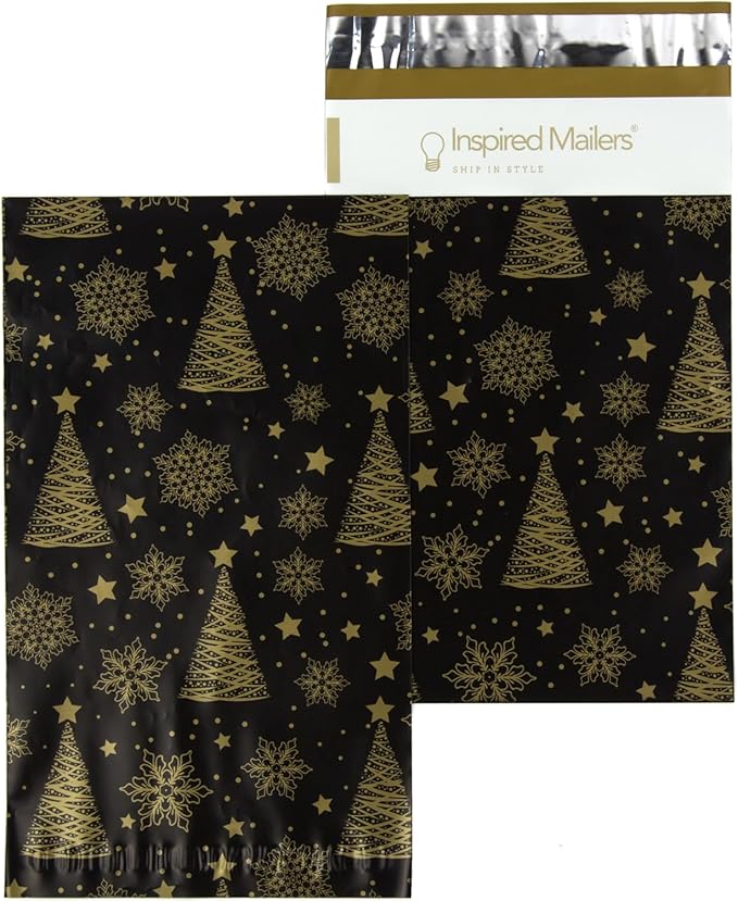 Inspired Mailers - Holiday Poly Mailers 6x9-100 Pack - Christmas Trees and Snowflakes (Black/Gold) - Small Shipping Bags 6x9 - Small Package Bags