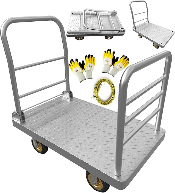 2IN1 48"×24" Platform Truck Cart 2650lbs Heavy Duty Flatbed Cart Dolly w/Detachable Rear Guardrail and Swivel Casters, Push Cart, Work Gloves 2Pairs & 1 Bunge Cord Included