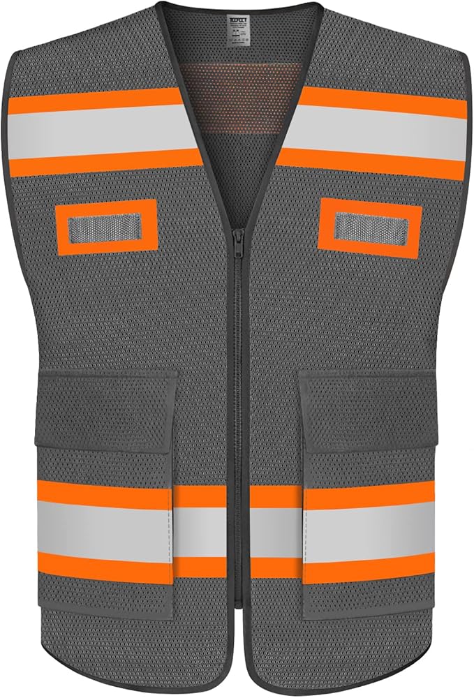 TCCFCCT Mesh Reflective Safety Vest with Pockets High Visibility Vest for Men Women, Work Vest with Fluorescent Orange Extend Edge, Meets ANSI/ISEA Standards, Grey, S