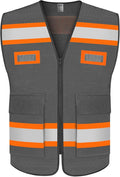 TCCFCCT Mesh Reflective Safety Vest with Pockets High Visibility Vest for Men Women, Work Vest with Fluorescent Orange Extend Edge, Meets ANSI/ISEA Standards, Grey, M