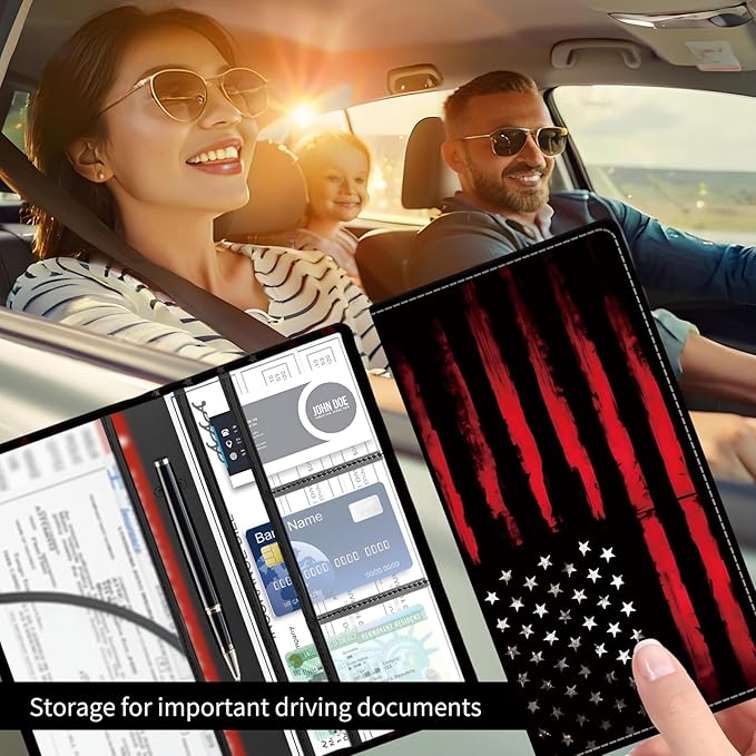 Premium Car Registration and Insurance Card Holder, Cute PU Leather Car Document Holder, Vehicle Glove Box Car Organizer with Magnetic Closure for Driver License, Cards Black Red Flag