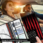 Premium Car Registration and Insurance Card Holder, Cute PU Leather Car Document Holder, Vehicle Glove Box Car Organizer with Magnetic Closure for Driver License, Cards Black Red Flag