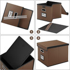 Huolewa File Organizer Box with Lid, Collapsible Leather File Folder Organizer for Office Document Storage, Filing Box with Plastic Slide for Letter/Legal Size Hanging Files, Dark Brown, 4 pack