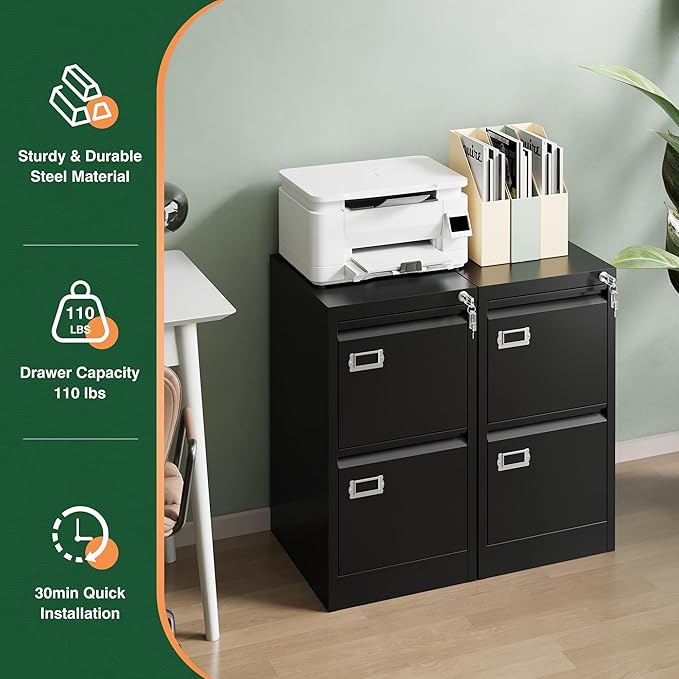 Letaya 2 Drawer File Cabinet with Lock,Metal Vertical Filing Cabinets for Home Office- Storage A4/F4/Letter/Legal -Assembly Required (Black)