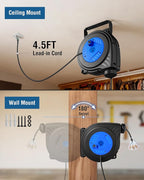 SURAIELEC 30 FT Retractable Extension Cord Reel, 16 Gauge Power Cord with 3 Lighted Outlets, 10A Circuit Breaker, Wall/Ceiling Mount for Garage, Workshop, ETL Listed, Blue