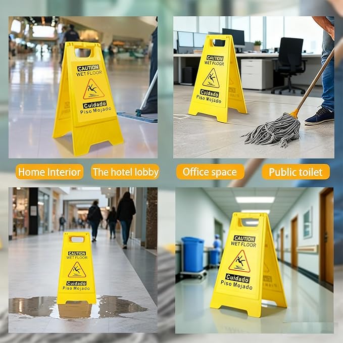8 Pack Caution Wet Floor Sign, 24" Height, Bright Yellow, Double-Sided A-Frame Safety Caution Sign Commercial, Bilingual Caution Message