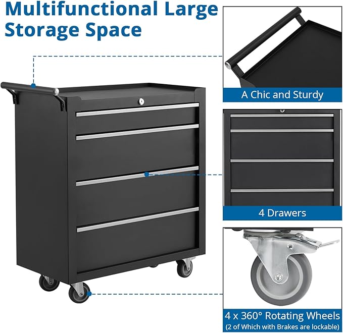 Heavy-Duty 4-Drawer Rolling Tool Chest with Locking System, Portable Tool Storage Cabinet with Wheels & Drawer Liners, Steel Tool Organizer Cart for Garage Workshop Tools, Black Finish