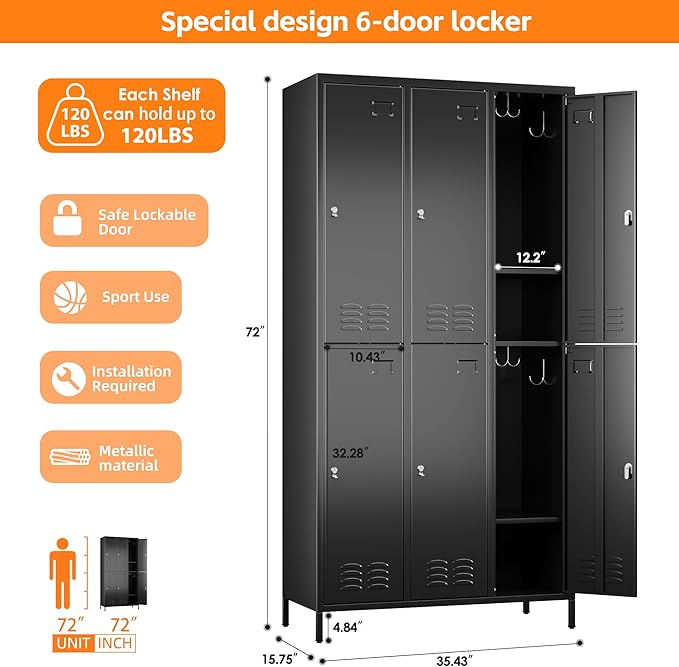 6 Doors Metal Locker for Employees with 18 Hooks,Metal Locker with Business Card Holder forOffice Gym Home,Assembly Required,Black