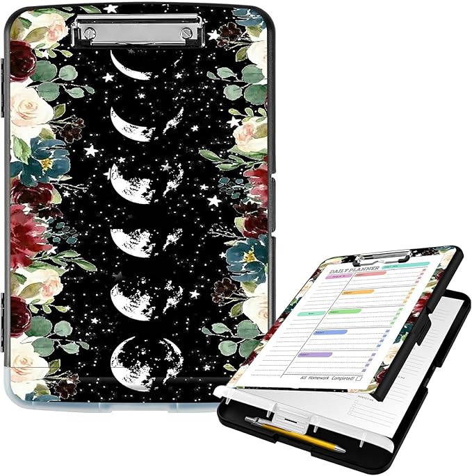 Clipboard with Storage High Capacity Plastic Nursing Clipboards with Pen Holder File Folder Storage Box Clipboard with Heavy Duty Clips for Teacher,Doctor,Offices-Moon Wild Floral